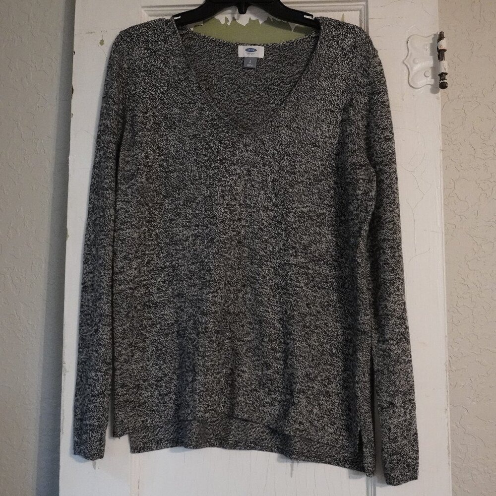 Old Navy Womens‎ Large Black White Marled V-Neck Knit Sweater Long Sleeve